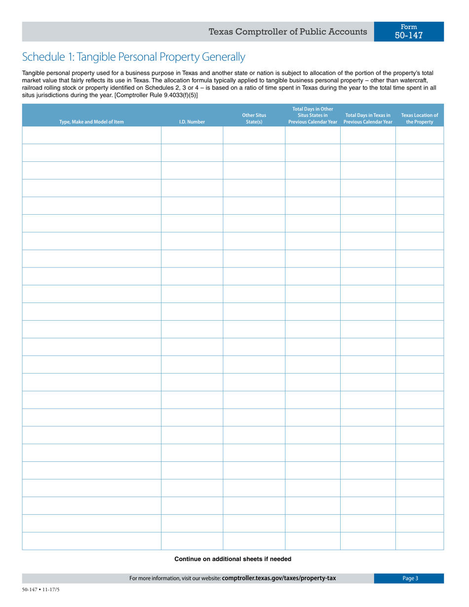 Form 50-147 Application for Allocation of Value - Personal Property Used in Interstate Commerce, Commercial Aircraft, Business Aircraft, Motor Vehicle(S) or Rolling Stock Not Owned or Leased by a Railroad - Texas, Page 3