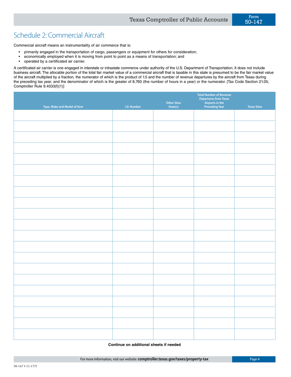 Form 50-147 Application for Allocation of Value - Personal Property Used in Interstate Commerce, Commercial Aircraft, Business Aircraft, Motor Vehicle(S) or Rolling Stock Not Owned or Leased by a Railroad - Texas, Page 4