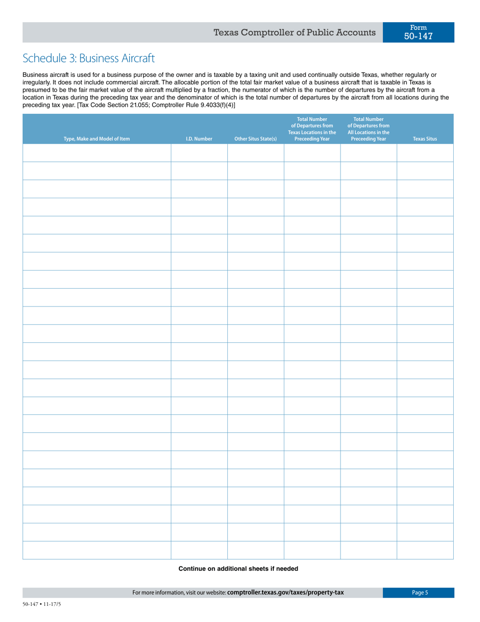 Form 50-147 Application for Allocation of Value - Personal Property Used in Interstate Commerce, Commercial Aircraft, Business Aircraft, Motor Vehicle(S) or Rolling Stock Not Owned or Leased by a Railroad - Texas, Page 5