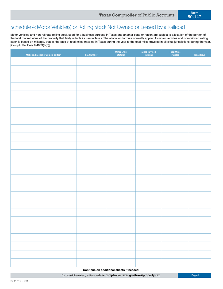 Form 50-147 Application for Allocation of Value - Personal Property Used in Interstate Commerce, Commercial Aircraft, Business Aircraft, Motor Vehicle(S) or Rolling Stock Not Owned or Leased by a Railroad - Texas, Page 6
