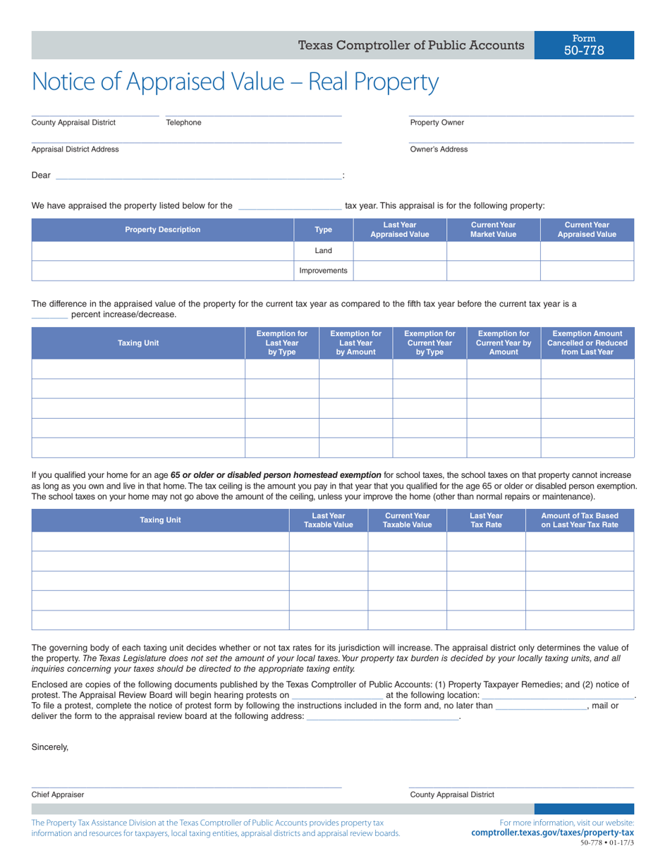Form 50-778 Notice of Appraised Value - Real Property - Texas, Page 1
