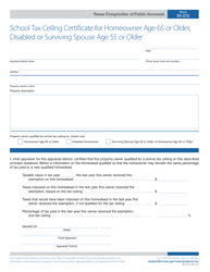 Document preview: Form 50-272 School Tax Ceiling Certificate for Homeowner Age 65 or Older, Disabled or Surviving Spouse Age 55 or Older - Texas