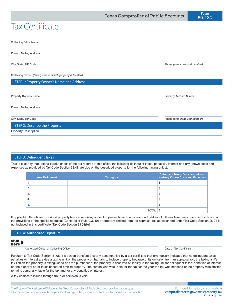 Form 50-182 Tax Certificate - Texas, Page 1