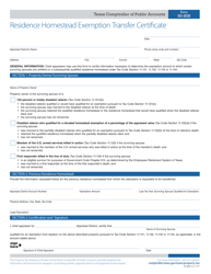 Document preview: Form 50-808 Residence Homestead Exemption Transfer Certificate - Texas