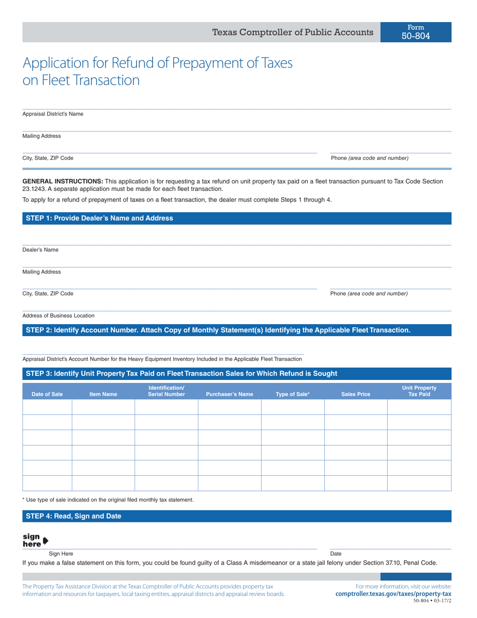 Form 50-804 Application for Refund of Prepayment of Taxes on Fleet Transaction - Texas, Page 1