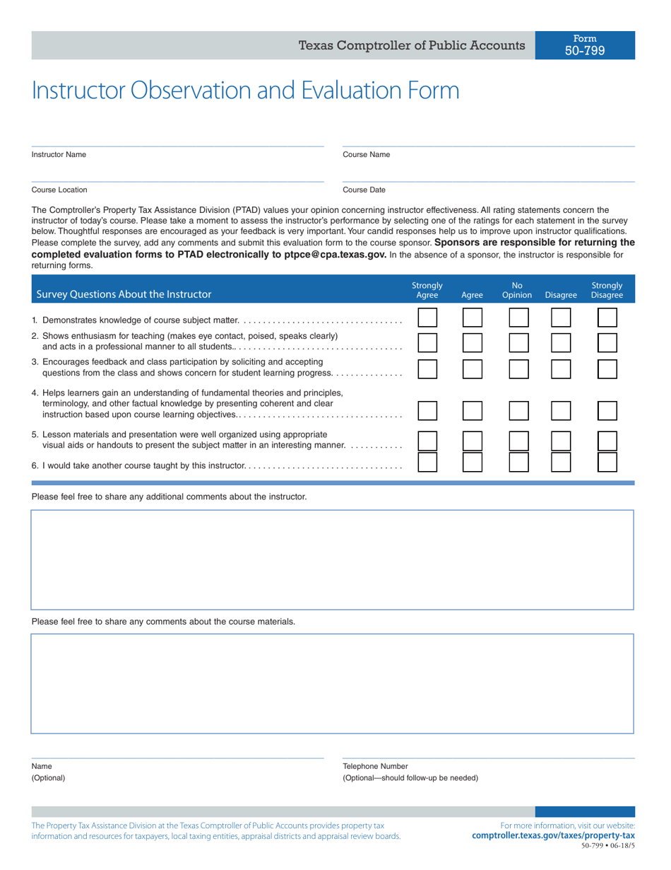 Form 50-799 Instructor Observation and Evaluation Form - Texas, Page 1