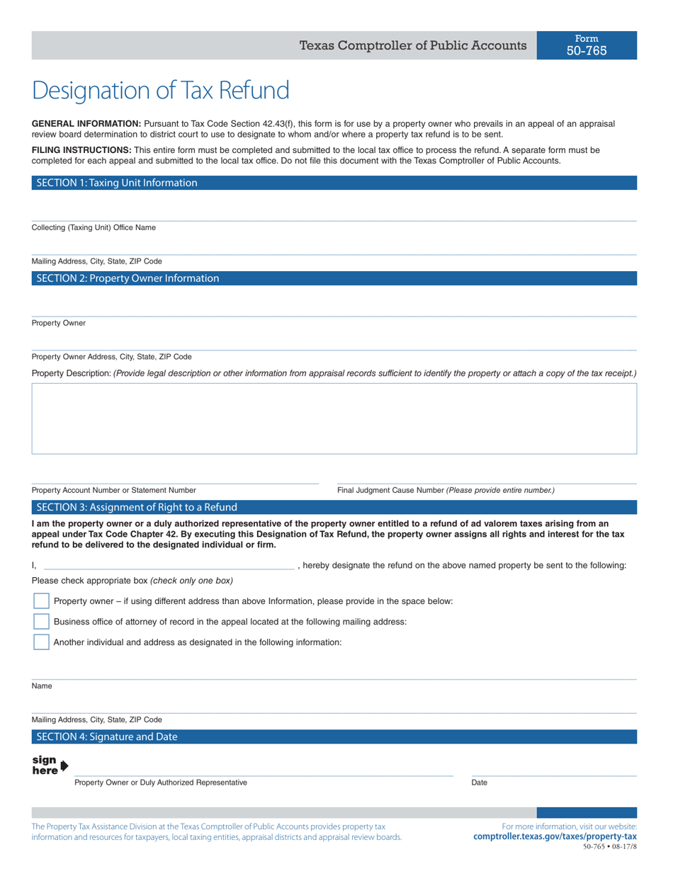 Form 50-765 Designation of Tax Refund - Texas, Page 1