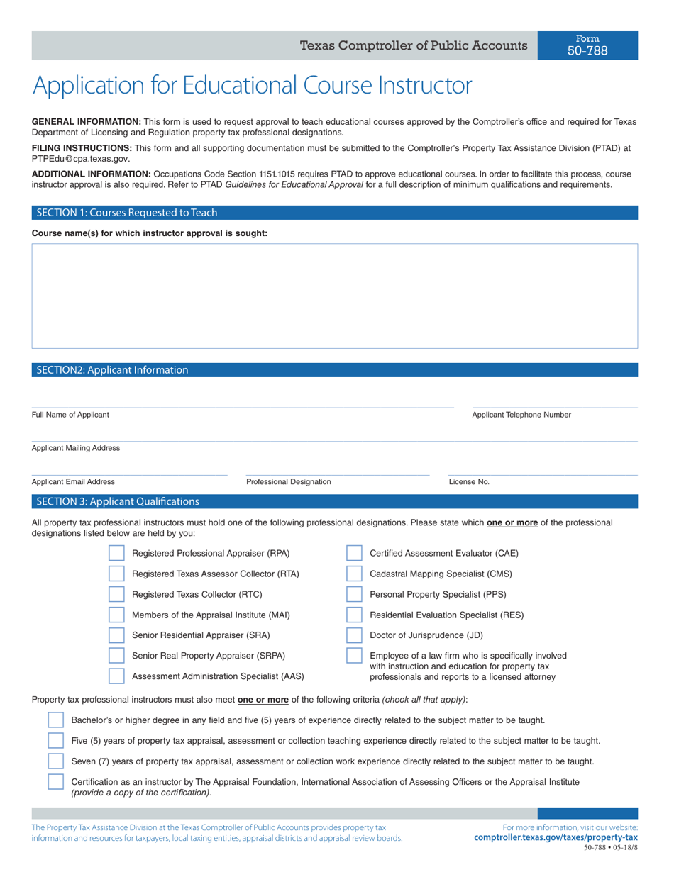 Form 50-788 Application for Educational Course Instructor - Texas, Page 1