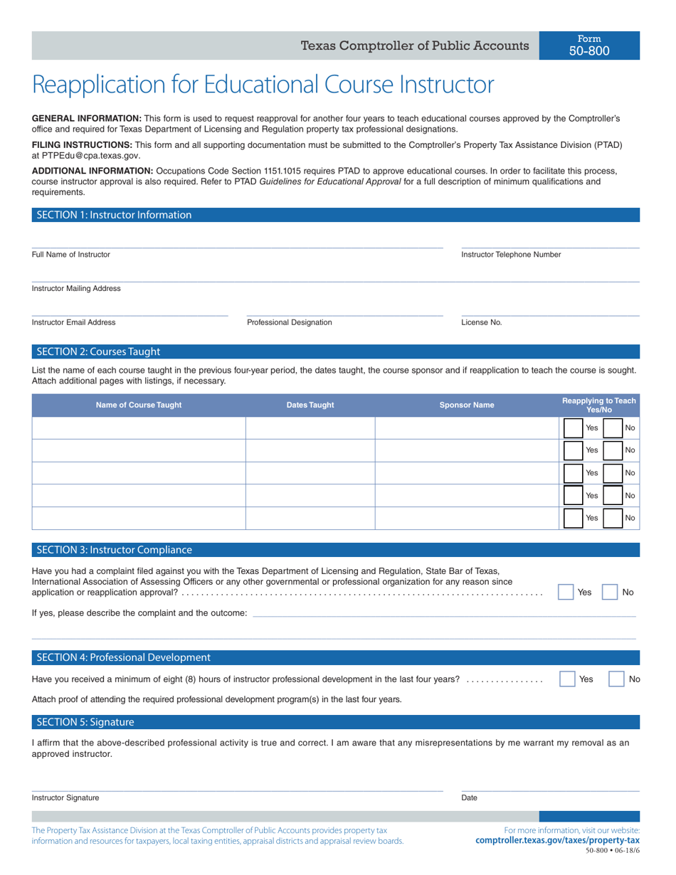 Form 50-800 Reapplication for Educational Course Instructor - Texas, Page 1