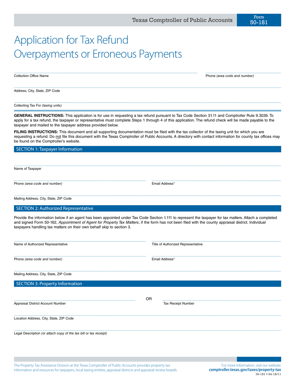 Form 50-181 Application for Tax Refund Overpayments or Erroneous Payments - Texas, Page 1
