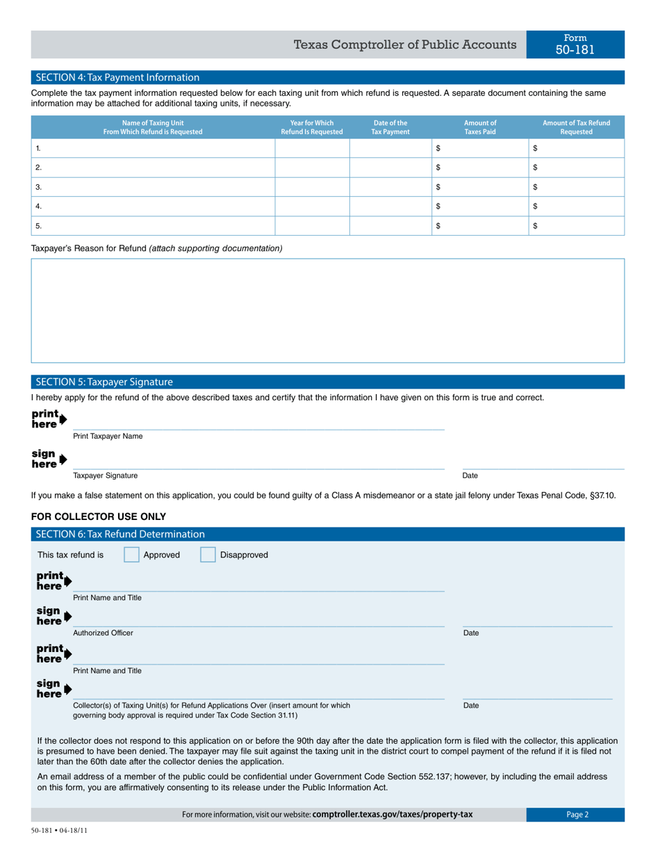 Form 50-181 Application for Tax Refund Overpayments or Erroneous Payments - Texas, Page 2