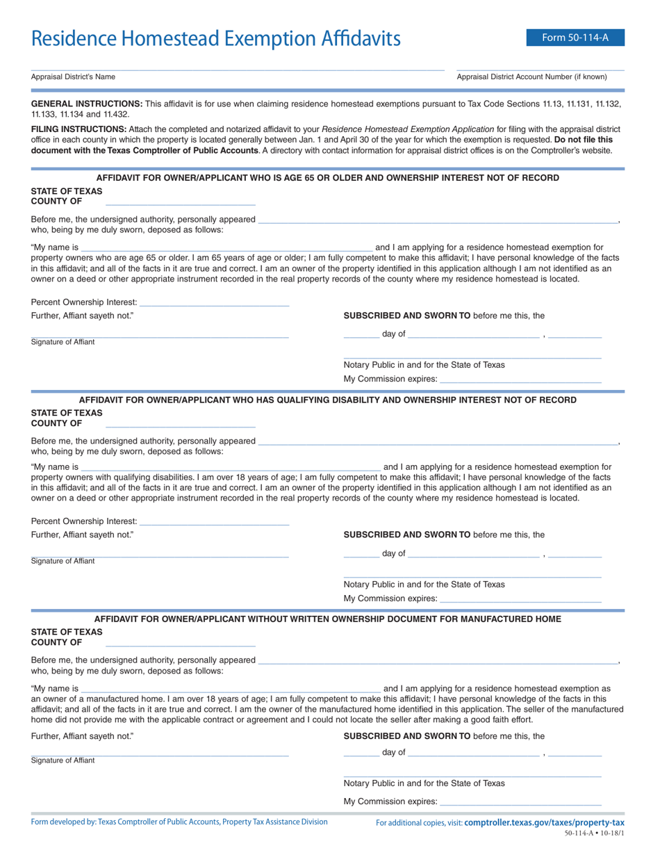 Form 50-114-A Residence Homestead Exemption Affidavits - Texas, Page 1