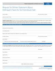 Document preview: Form 50-307 Request for Written Statement About Delinquent Taxes for Tax Foreclosure Sale - Texas
