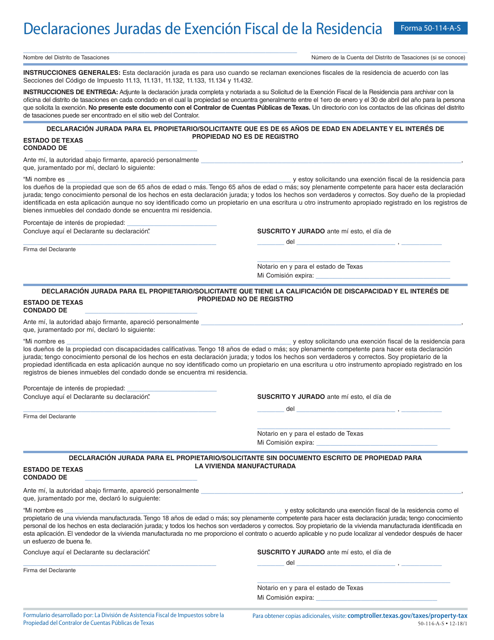 Formulario 50-114-A-S Declaraciones Juradas De Exencion Fiscal De La Residencia - Texas (Spanish)
