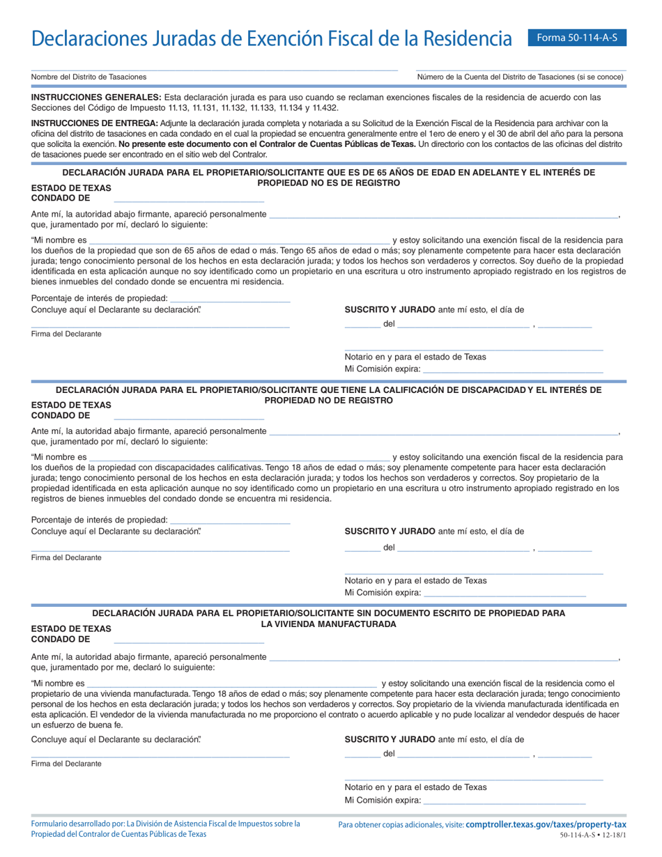 Formulario 50-114-A-S Declaraciones Juradas De Exencion Fiscal De La Residencia - Texas (Spanish), Page 1
