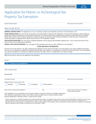 Document preview: Form 50-122 Application for Historic or Archeological Site Property Tax Exemption - Texas