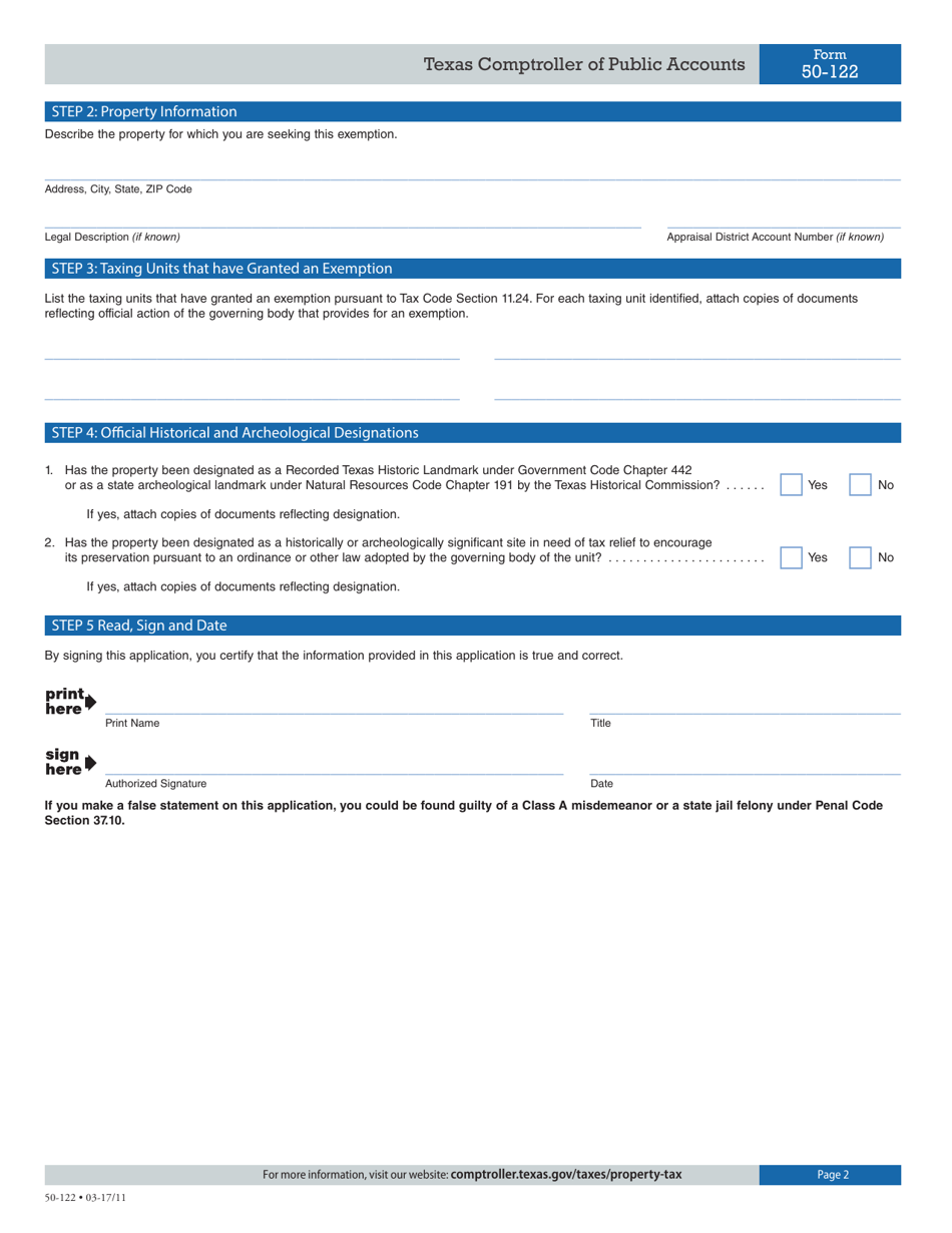 Form 50-122 Application for Historic or Archeological Site Property Tax Exemption - Texas, Page 2