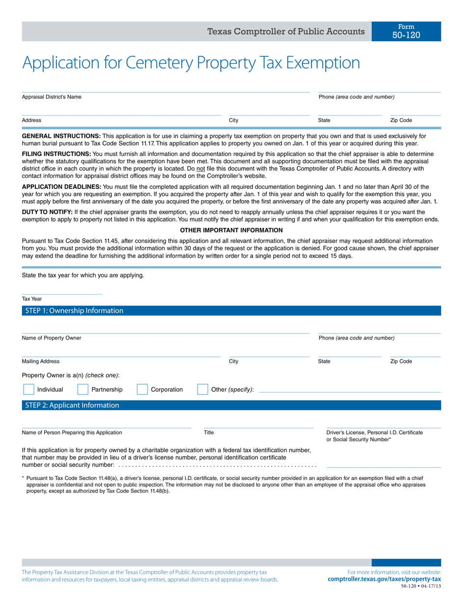 Form 50-120 Application for Cemetery Property Tax Exemption - Texas, Page 1