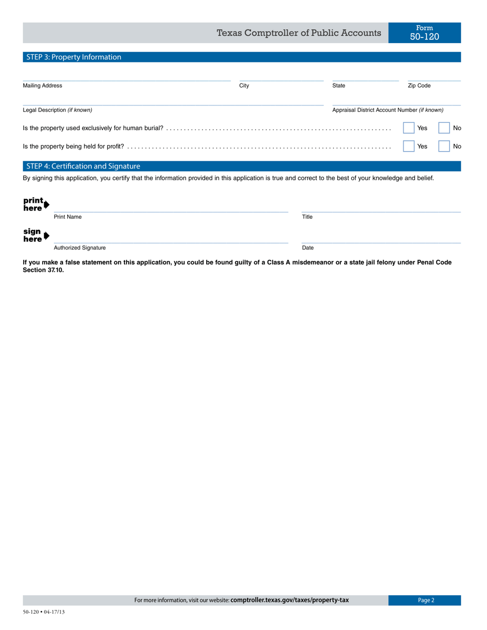 Form 50-120 Application for Cemetery Property Tax Exemption - Texas, Page 2
