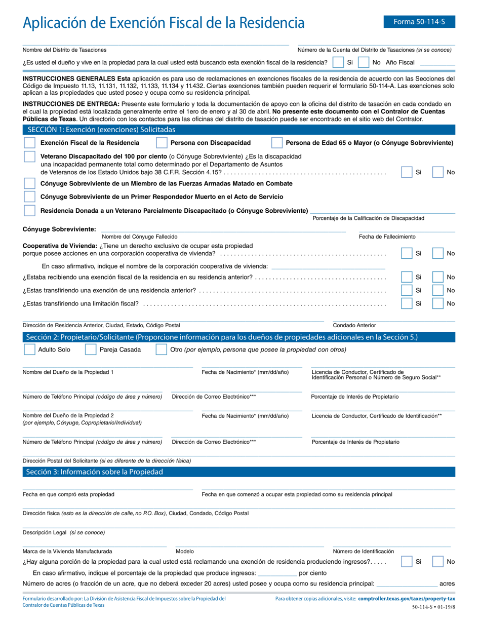 Formulario 50-114-S Aplicacion De Exencion Fiscal De La Residencia - Texas (Spanish), Page 1