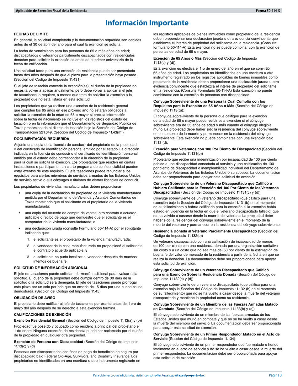Formulario 50-114-S Aplicacion De Exencion Fiscal De La Residencia - Texas (Spanish), Page 3
