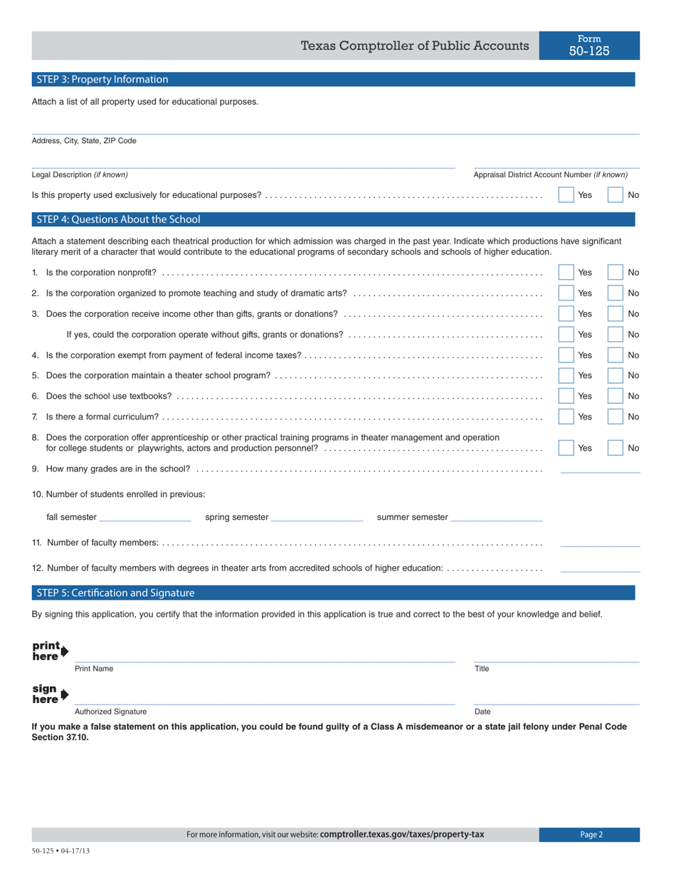 Form 50-125 Application for Theater School Property Tax Exemption - Texas, Page 2