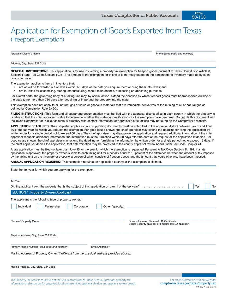 Form 50-113 Application for Exemption of Goods Exported From Texas (Freeport Exemption) - Texas, Page 1