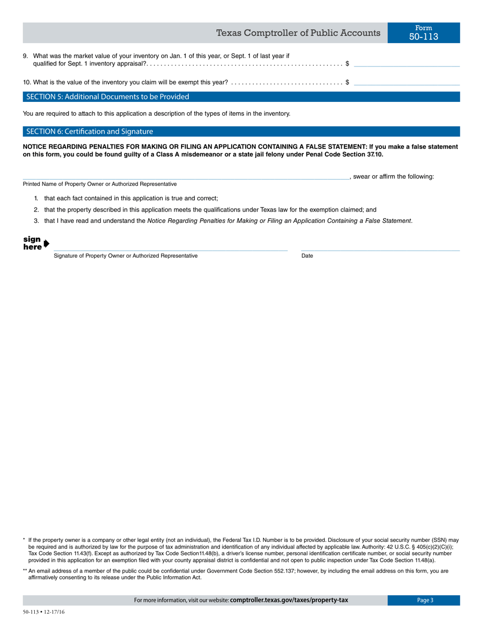 Form 50-113 Application for Exemption of Goods Exported From Texas (Freeport Exemption) - Texas, Page 3