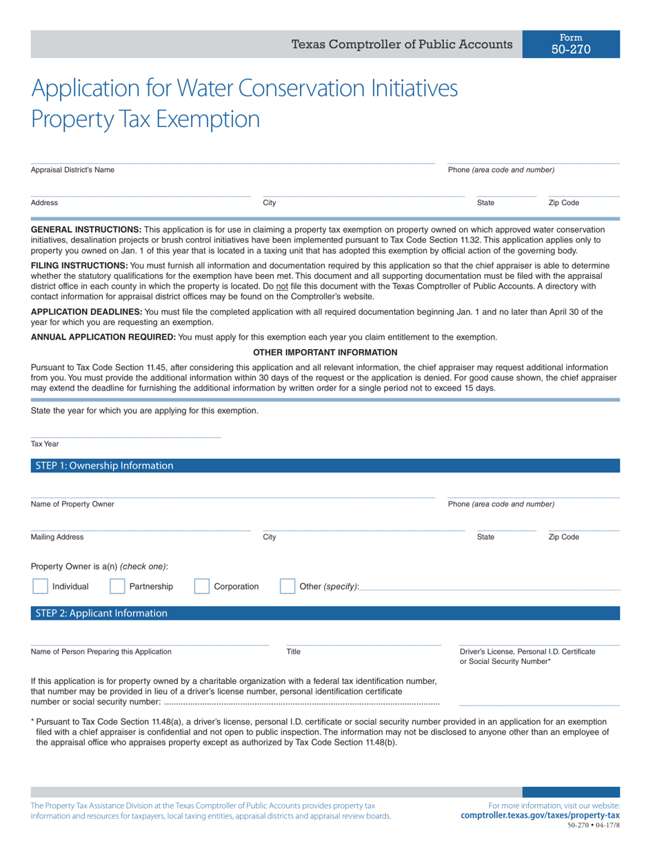 Form 50-270 Application for Water Conservation Initiatives Property Tax Exemption - Texas, Page 1