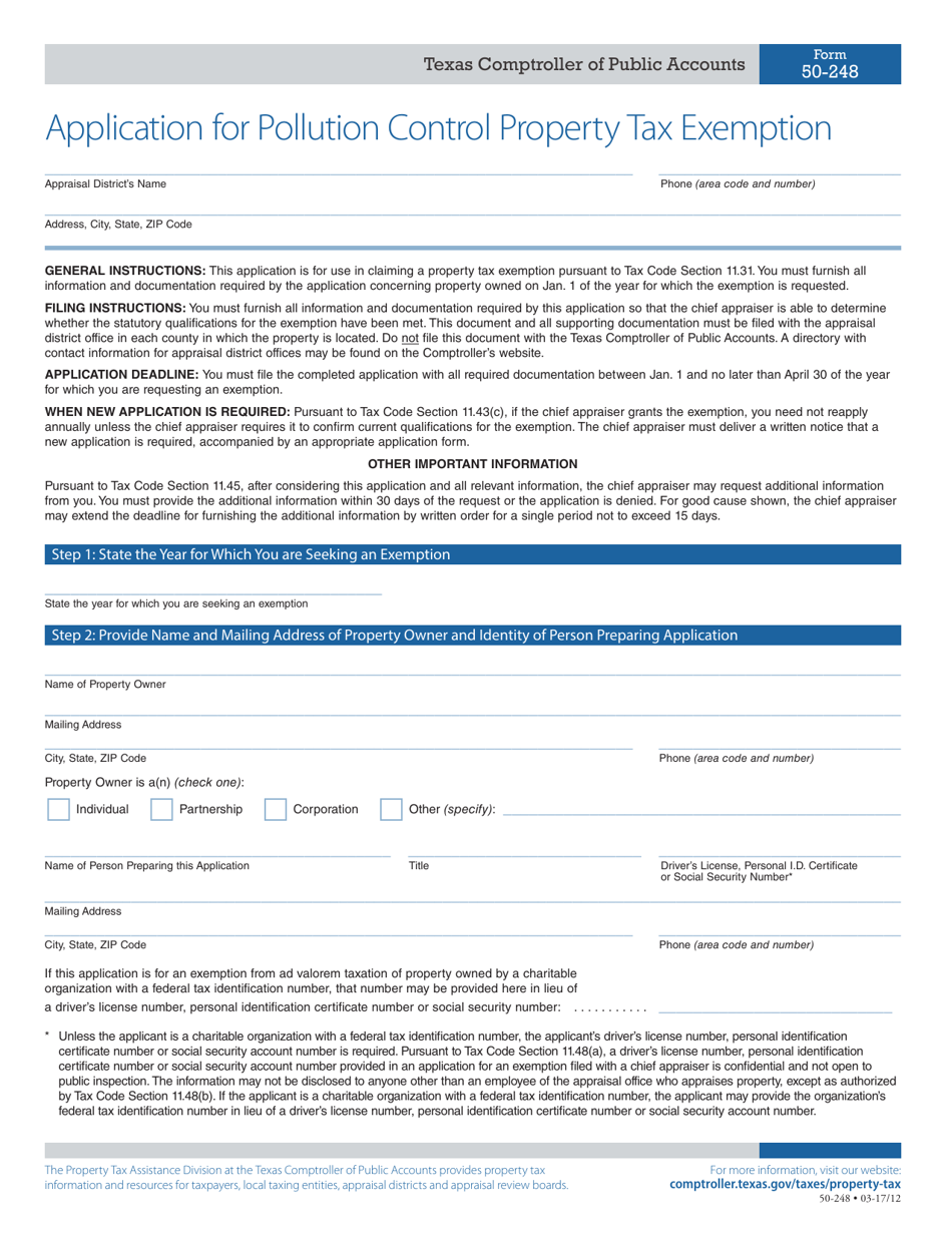 Form 50-248 Application for Pollution Control Property Tax Exemption - Texas, Page 1