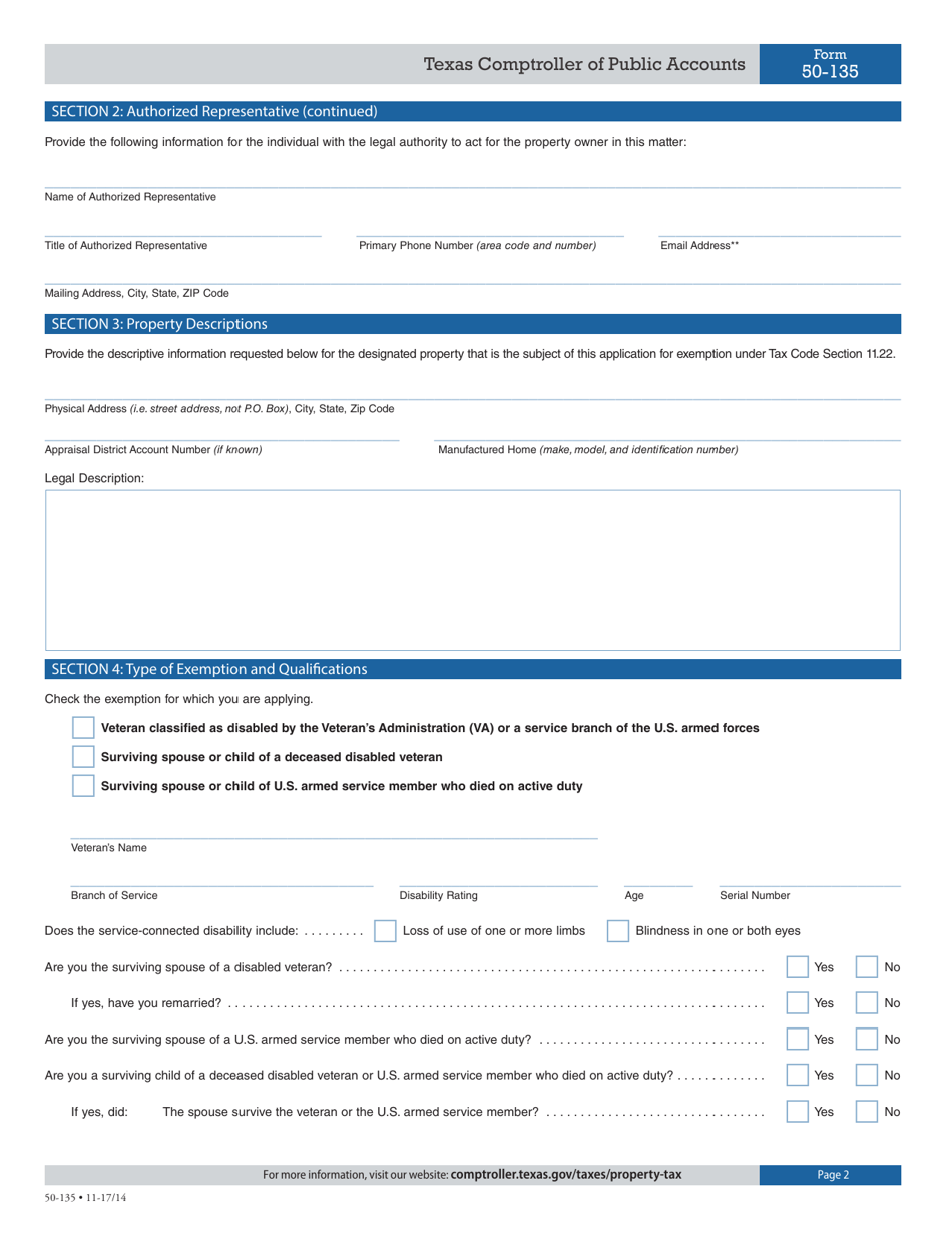 Form 50-135 Application for Disabled Veterans or Survivors Exemption - Texas, Page 2