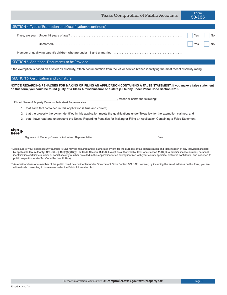 Form 50-135 Application for Disabled Veterans or Survivors Exemption - Texas, Page 3