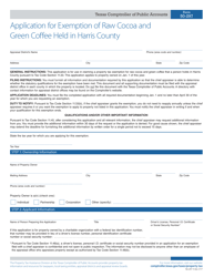 Document preview: Form 50-297 Application for Exemption of Raw Cocoa and Green Coffee Held in Harris County - Texas