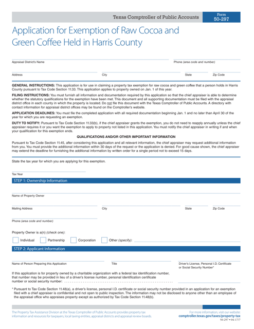Form 50-297 Application for Exemption of Raw Cocoa and Green Coffee Held in Harris County - Texas