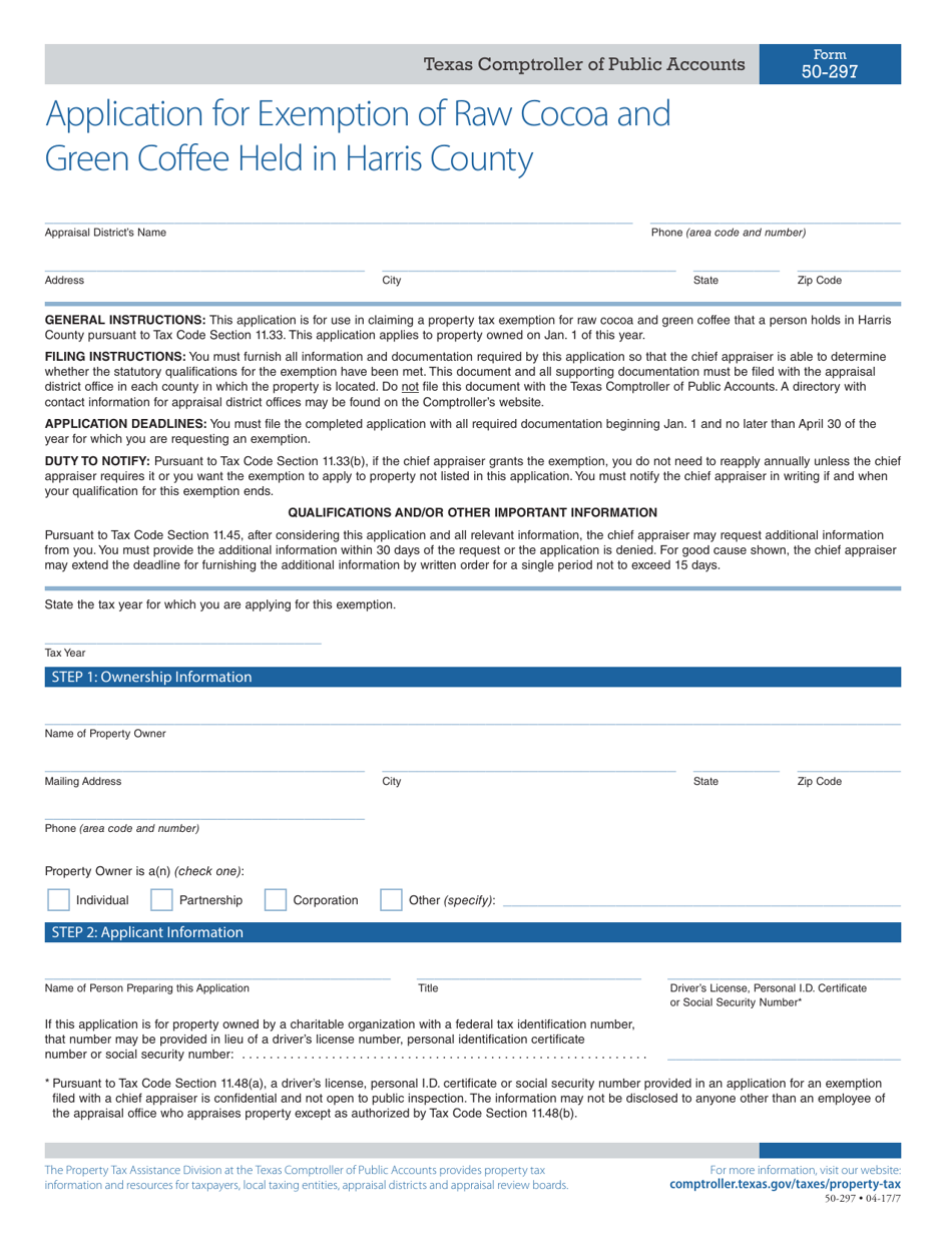 Form 50 297 Download Fillable Pdf Or Fill Online Application For Exemption Of Raw Cocoa And Green Coffee Held In Harris County Texas Templateroller