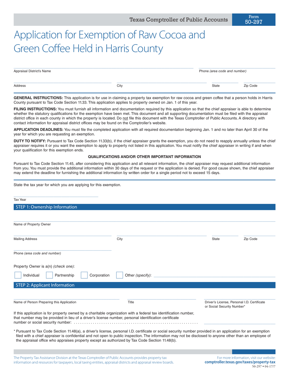 Form 50-297 Application for Exemption of Raw Cocoa and Green Coffee Held in Harris County - Texas, Page 1