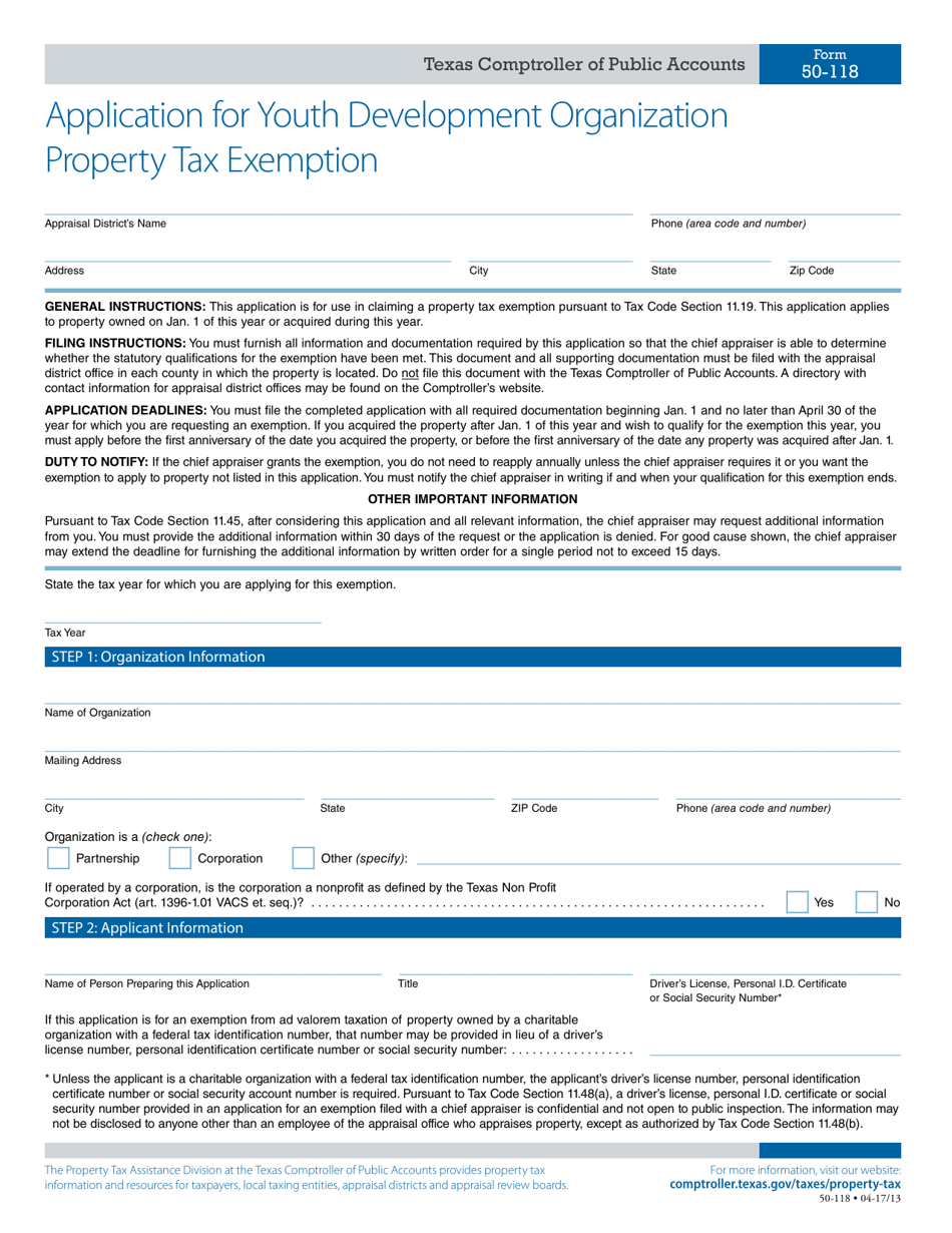 Form 50-118 Application for Youth Development Organization Property Tax Exemption - Texas, Page 1
