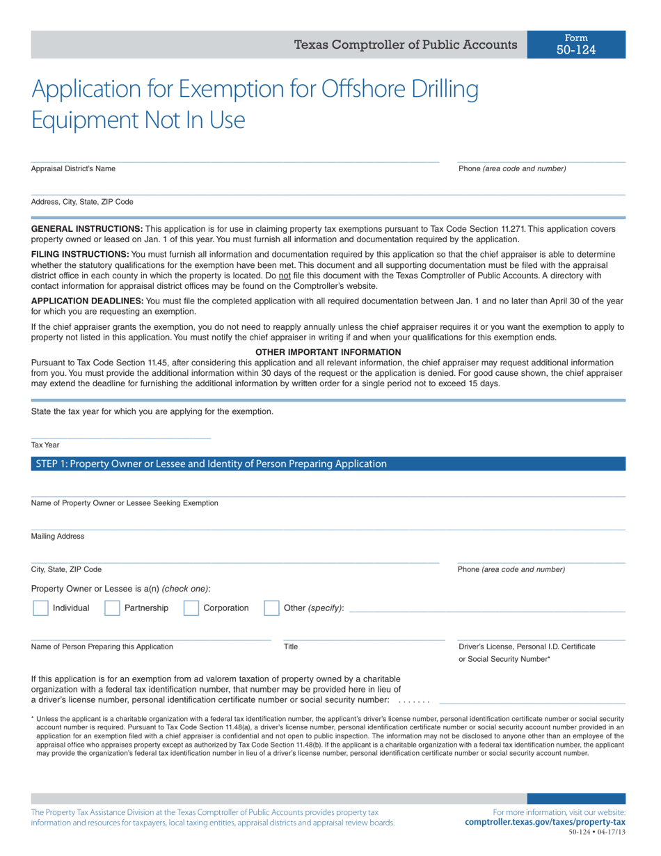 Form 50-124 Application for Exemption for Offshore Drilling Equipment Not in Use - Texas, Page 1