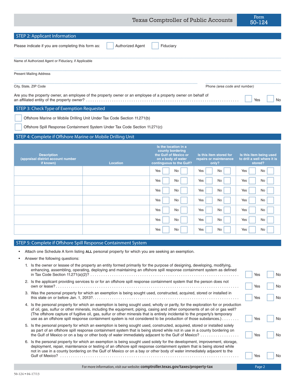 Form 50-124 Application for Exemption for Offshore Drilling Equipment Not in Use - Texas, Page 2