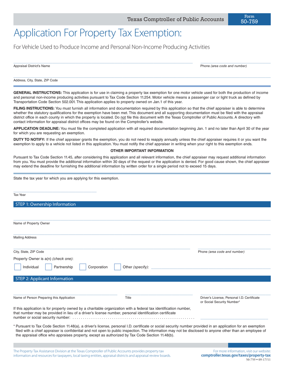 Form 50-759 Application for Property Tax Exemption: for Vehicle Used to Produce Income and Personal Non-income Producing Activities - Texas, Page 1