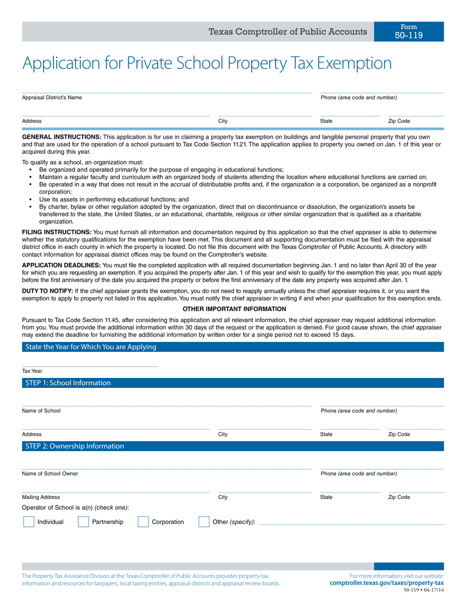 Form 50-119 Application for Private School Property Tax Exemption - Texas, Page 1