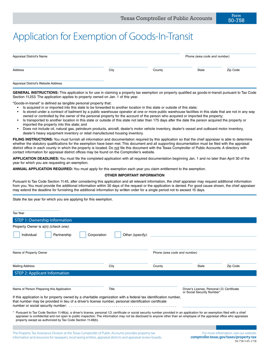 Form 50-758 Application for Exemption of Goods-In-transit - Texas, Page 1