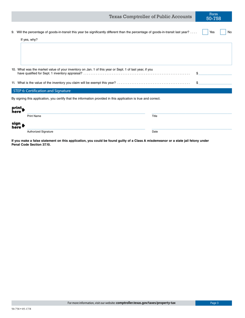 Form 50-758 Application for Exemption of Goods-In-transit - Texas, Page 3