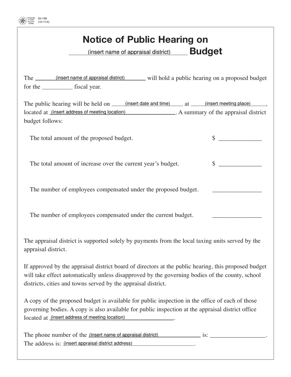 Form 50-196 Notice of Public Hearing on Appraisal District Budget - Texas, Page 1