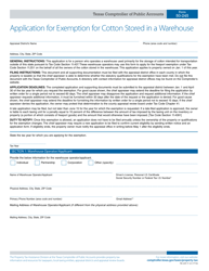 Document preview: Form 50-245 Application for Exemption for Cotton Stored in a Warehouse - Texas