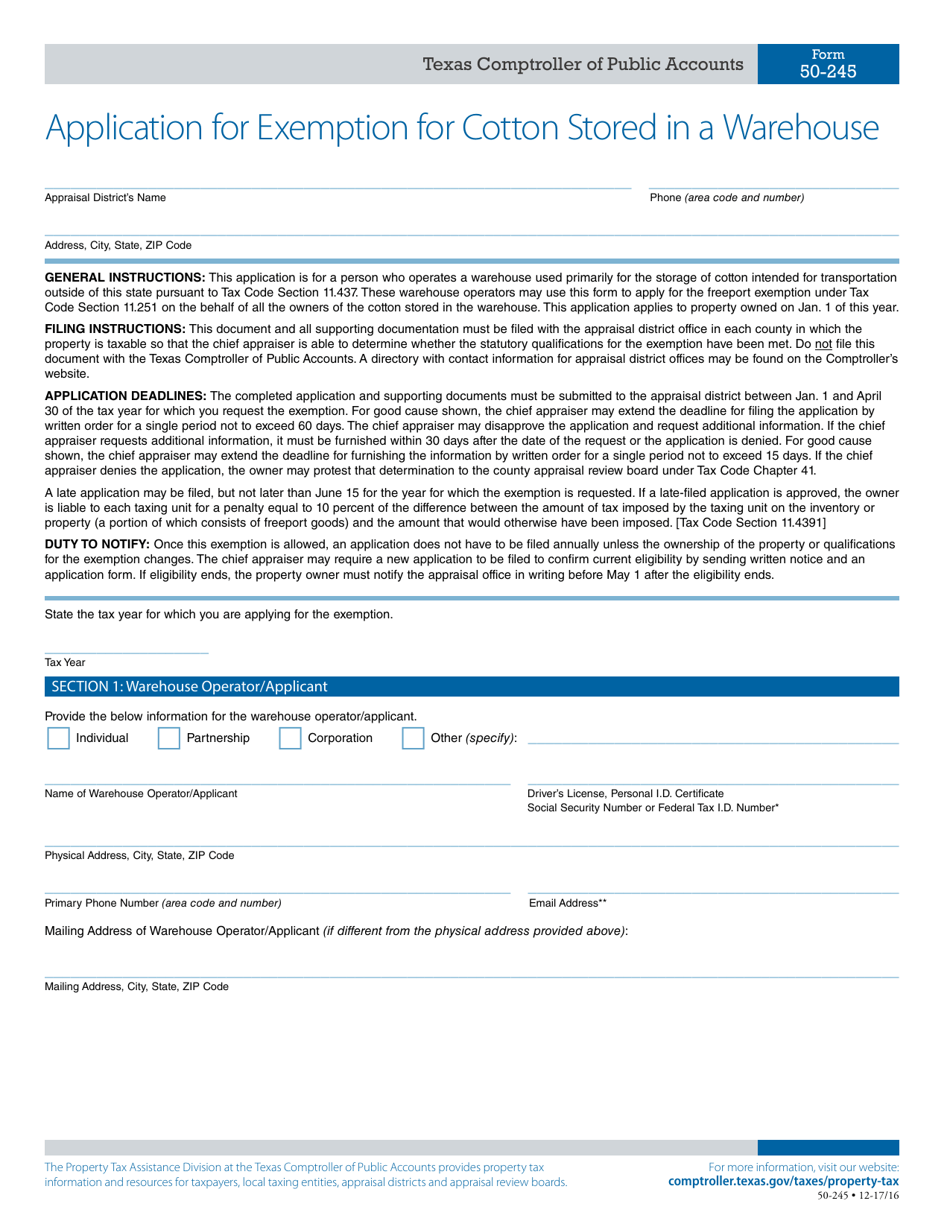 Form 50-245 Application for Exemption for Cotton Stored in a Warehouse - Texas, Page 1
