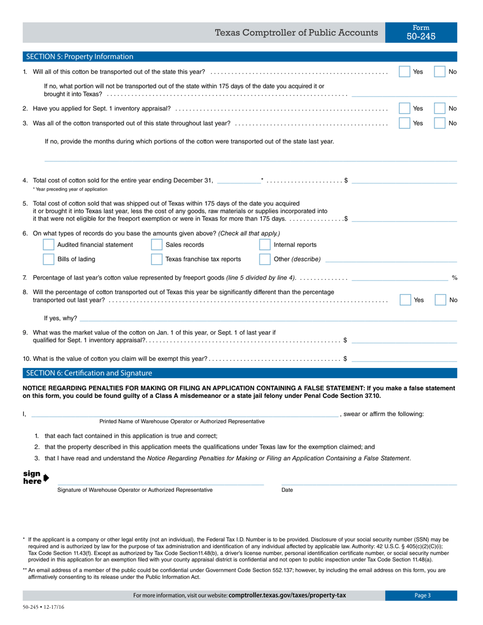 Form 50-245 Application for Exemption for Cotton Stored in a Warehouse - Texas, Page 3