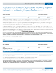 Document preview: Form 50-242 Application for Charitable Organizations Improving Property for Low-Income Housing Property Tax Exemption - Texas
