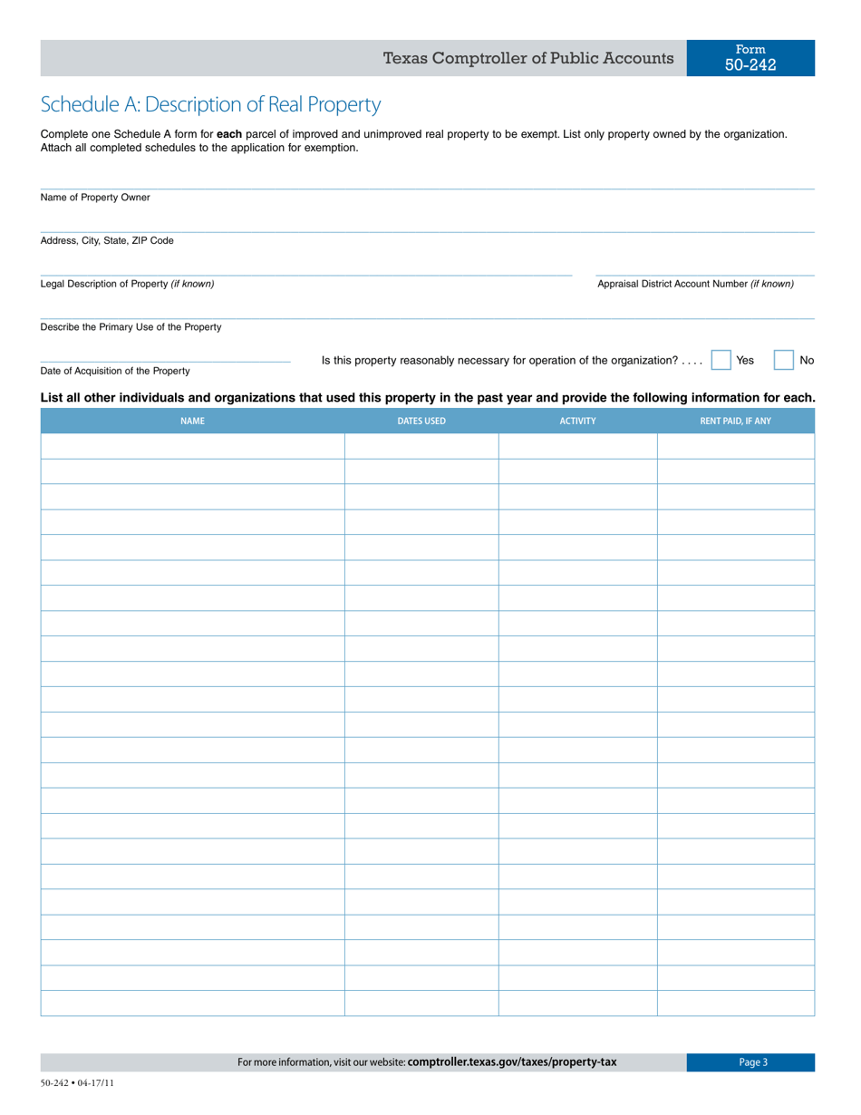 Form 50-242 Application for Charitable Organizations Improving Property for Low-Income Housing Property Tax Exemption - Texas, Page 3