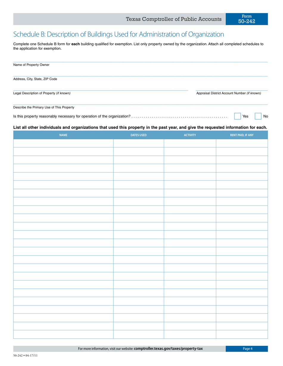 Form 50-242 Application for Charitable Organizations Improving Property for Low-Income Housing Property Tax Exemption - Texas, Page 4